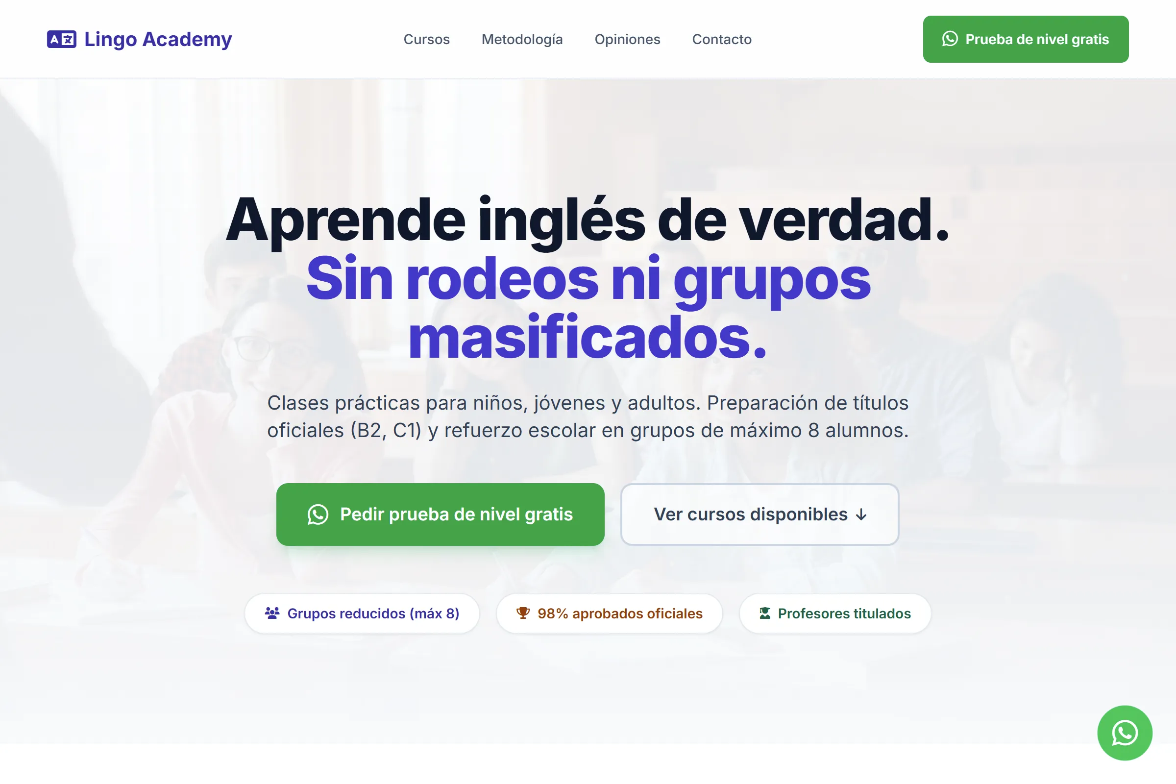 Captura de la web de Lingo Academy, academia de inglés en Badalona